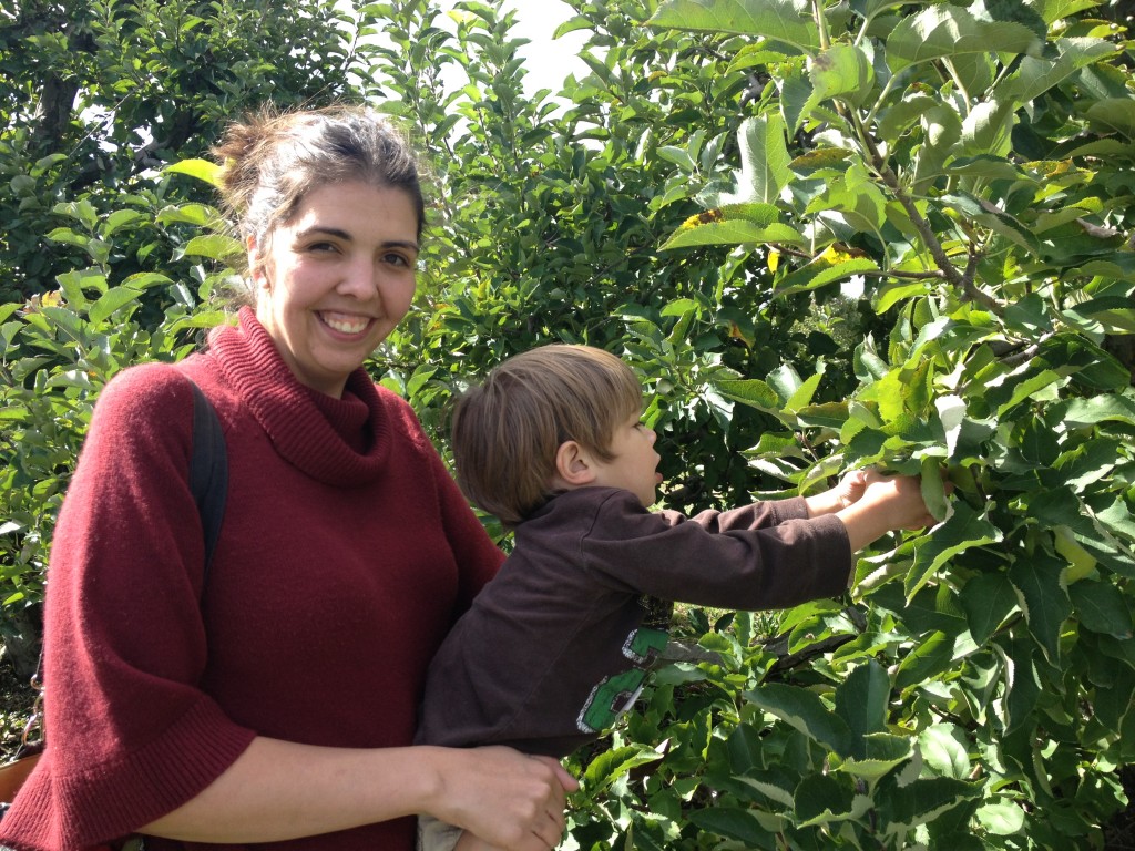 mother and son pick apples